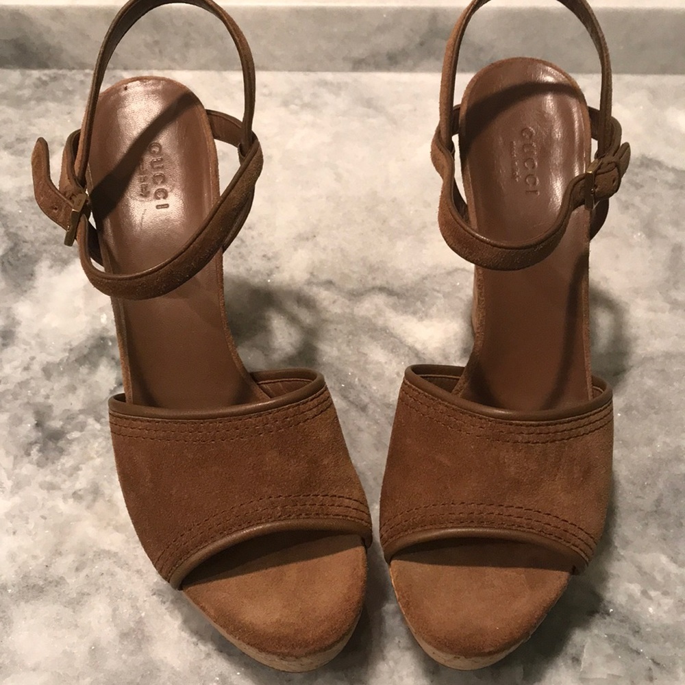 GUCCI Cork Suede Brown Platform Heels NWOB
